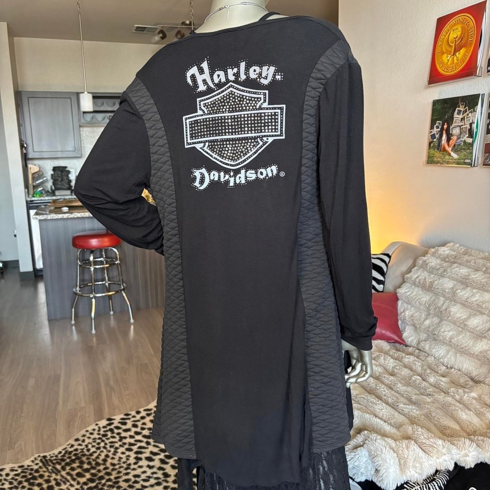Harley Davidson Rhinestone Drape Open Front Cardigan Black S/M Y2K ❤️🔥